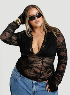 Kecia Long Sleeve Lace Top Black Curve