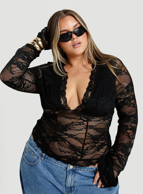 Kecia Long Sleeve Lace Top Black Curve
