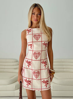 front view of model wearing Princess Polly Alfalfa Shift Mini Dress Red Floral Check Crew Neck 