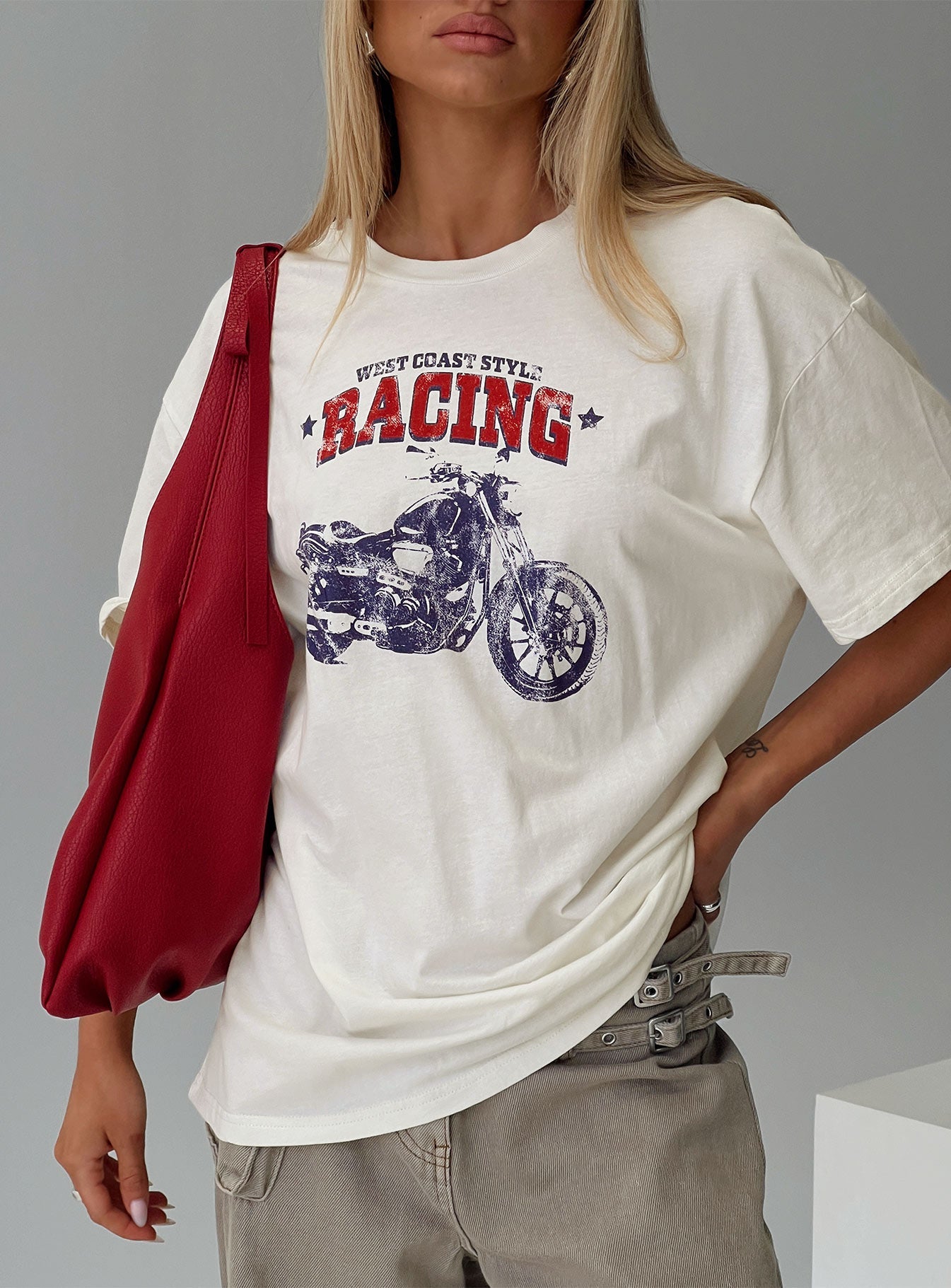 front view of model wearing Princess Polly West Coast Style Oversized Top White Half Sleeves Crew Neck 