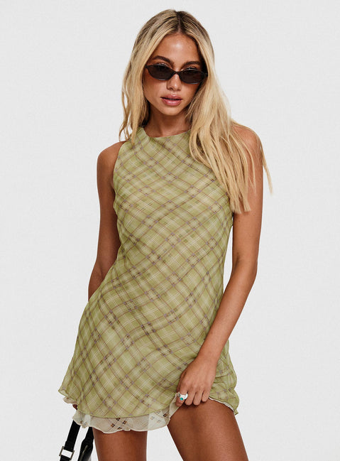 front view of model wearing Princess Polly Buffie Shoulder Mini Dress Green Check Crew Neck 