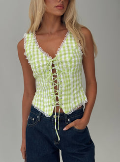 front view of model wearing Princess Polly Wayland Tie Up Lace Trim Top Green Check Sleeveless V-Neck 