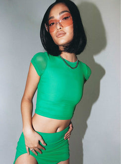 back view of model wearing Princess Polly Bold Move Top Bright Green Short Sleeves High Neck 