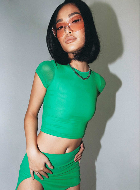 back view of model wearing Princess Polly Bold Move Top Bright Green Short Sleeves High Neck 