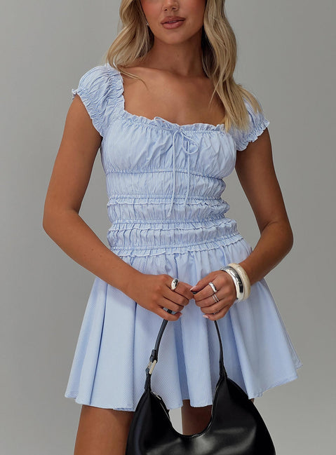 Dewdrop Shirred Mini Dress Blue