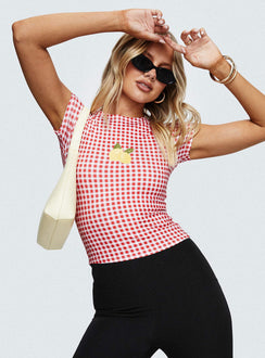 front view of model wearing Princess Polly Marcello Graphic Top Red Check Sleeveless Crew Neck 