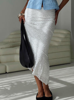 back view of model wearing Princess Polly Mathylda Asymmetrical Lace Maxi Skirt White Midi Skirts Midi Skirts 
