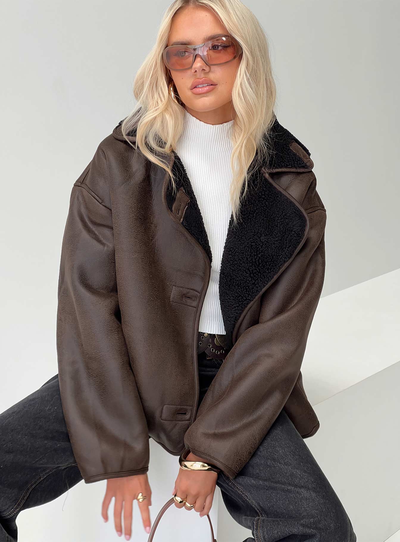 Nunez Faux Leather Jacket Washed Brown / Black | Princess Polly
