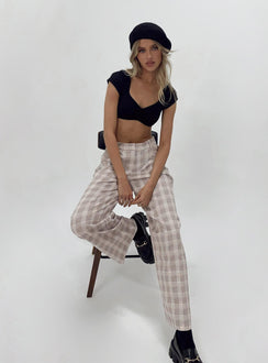 back view of model wearing Princess Polly Mulholland Pants Beige Plaid 