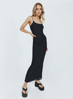 Black maxi dress Mesh material  Adjustable shoulder straps  Low back 