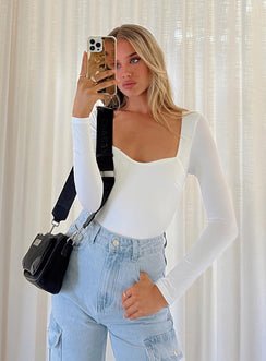 side view of model wearing Princess Polly Alberta Long Sleeve Bodysuit White Full Sleeves Sweetheart 