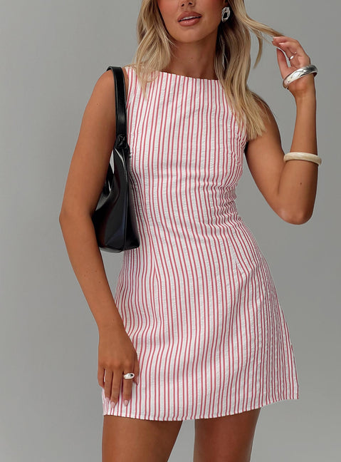 front view of model wearing Princess Polly Alfalfa Shift Mini Dress Red Stripe Boat Neck 