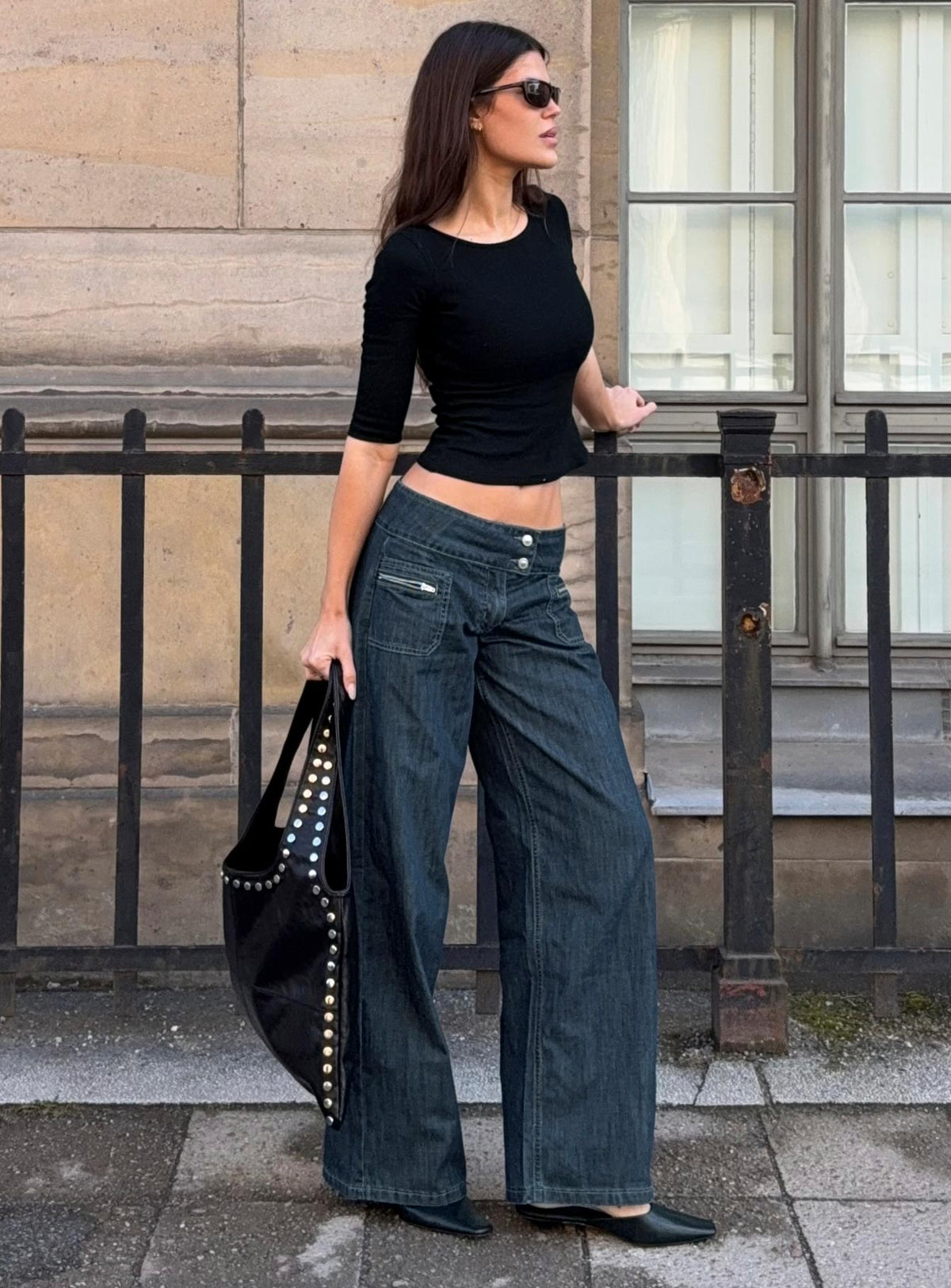 Unwritten Mid Rise Wide Leg Jeans Dark Blue Wash Petite