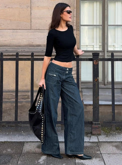 Unwritten Mid Rise Wide Leg Jeans Dark Blue Wash Petite