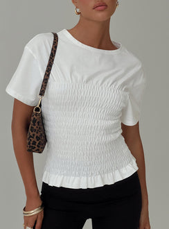 front view of model wearing Princess Polly Maybe Tomorrow Ruched Top White Short Sleeves Crew Neck 