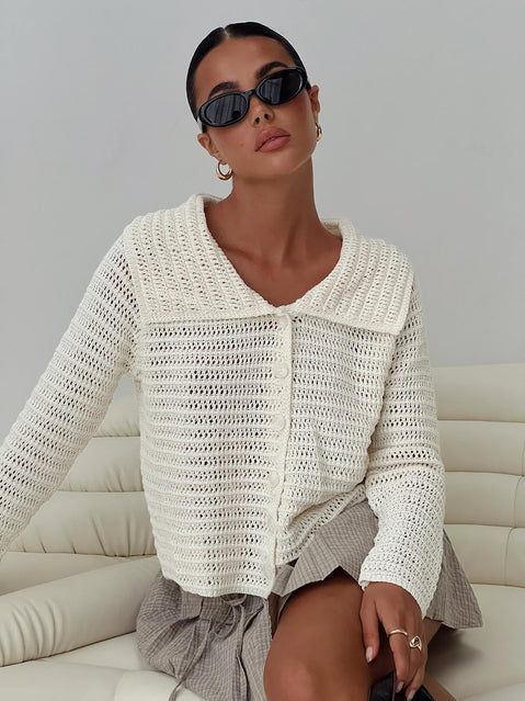 front view of model wearing Princess Polly Tuscon Crochet Sweater White cropped 