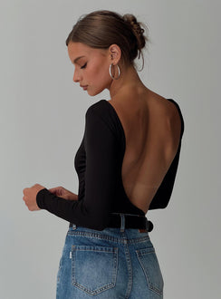 back view of model wearing Princess Polly Look This Good Backless Bodysuit Black Long Sleeve Tops 