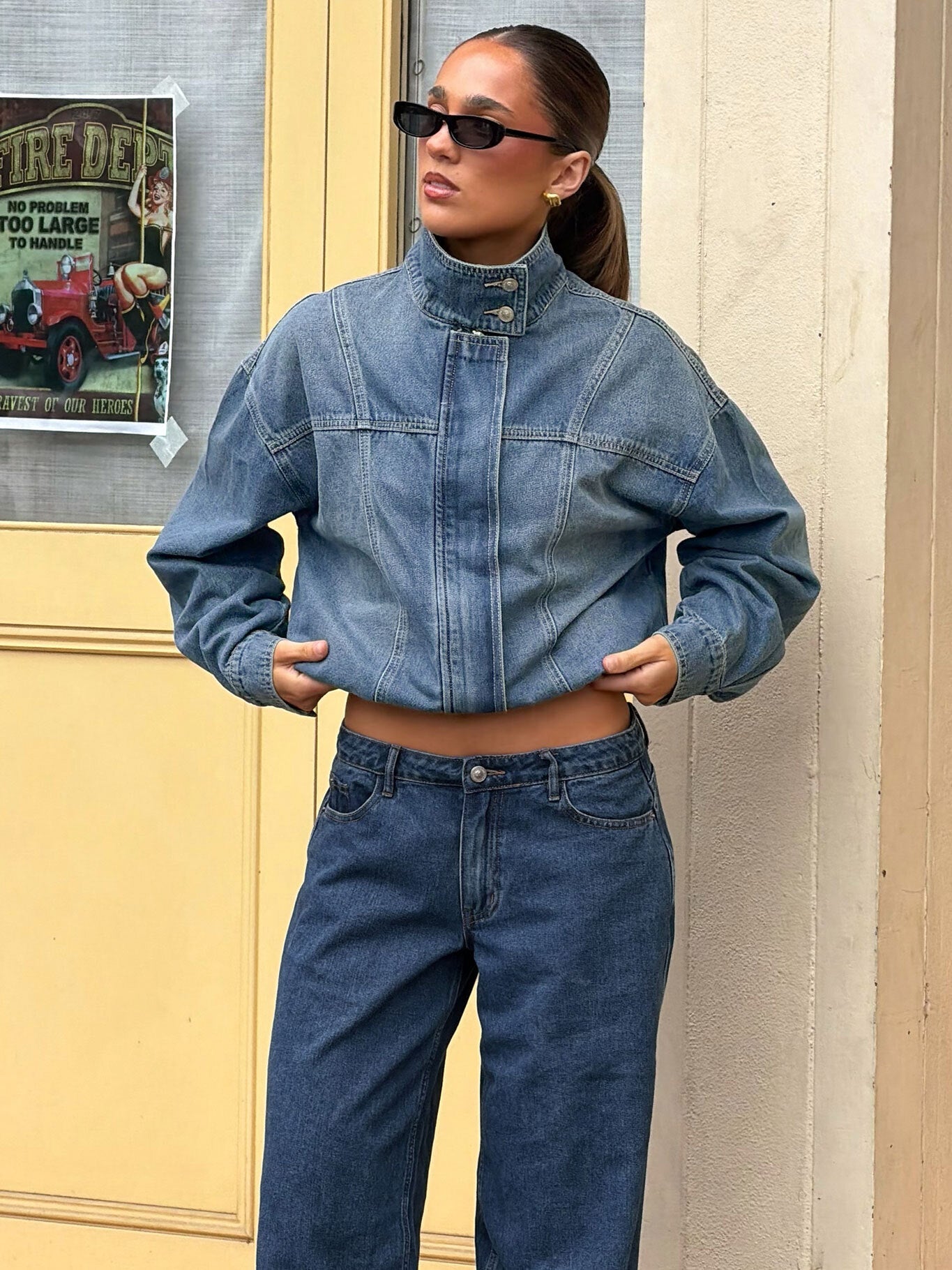 Alfea Funnel Neck Denim Bomber Jacket Mid Blue Wash