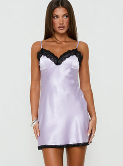 Viretta Satin Lace Trim Mini Dress Lilac