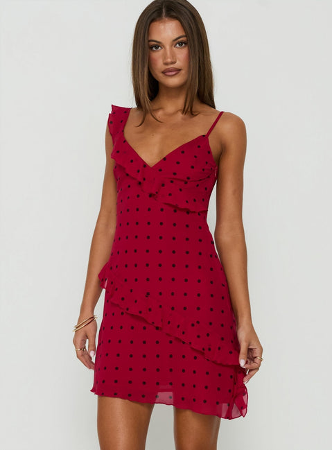 Our Love Frill Detail Mini Dress Red Polka Dot