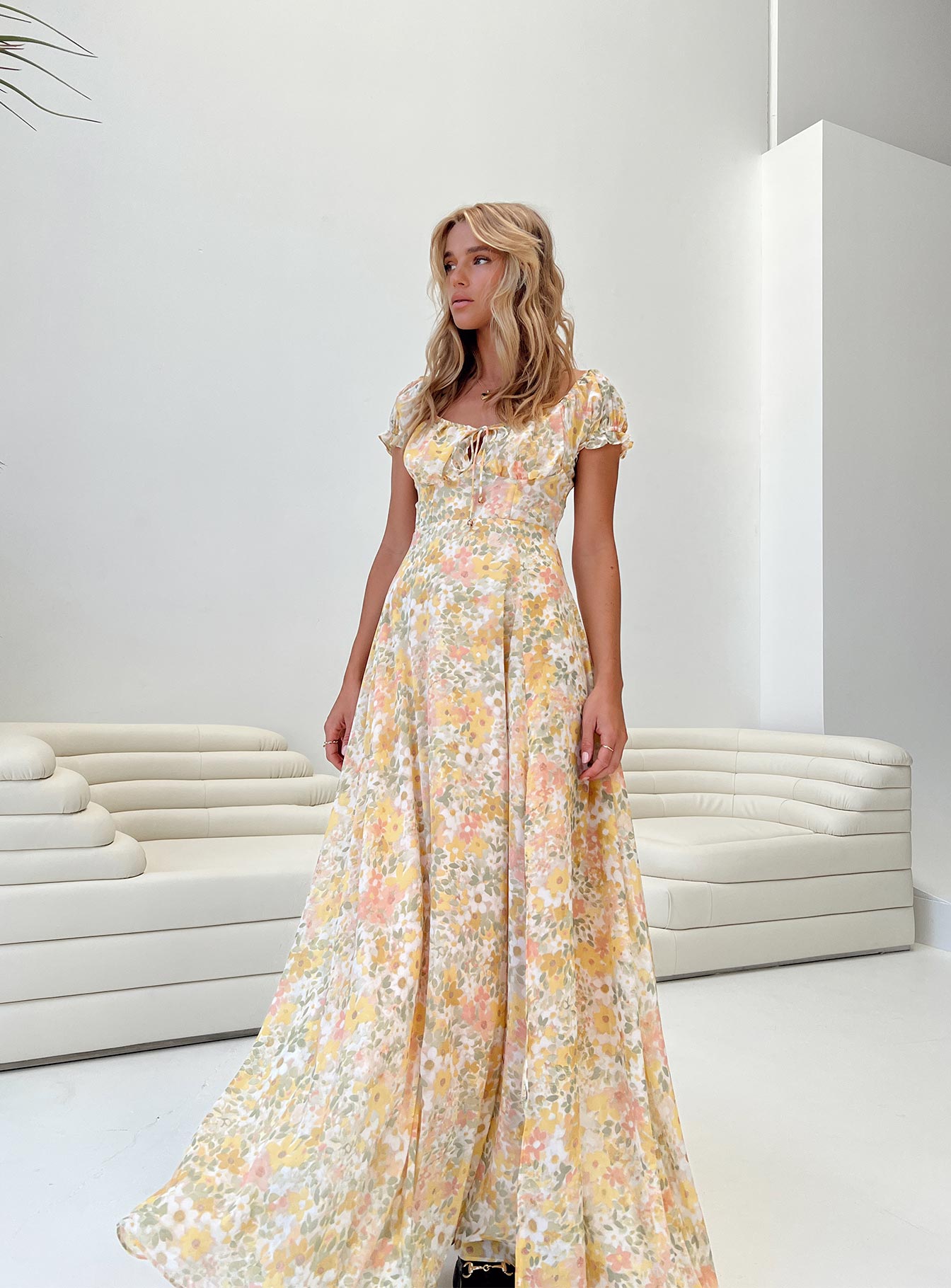 product Princess Polly Asymmetric Neckline  Masuda Maxi Dress Yellow Floral