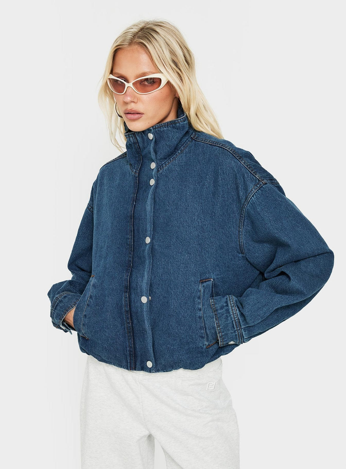 Soja Denim Funnel Neck Jacket Mid Blue Wash