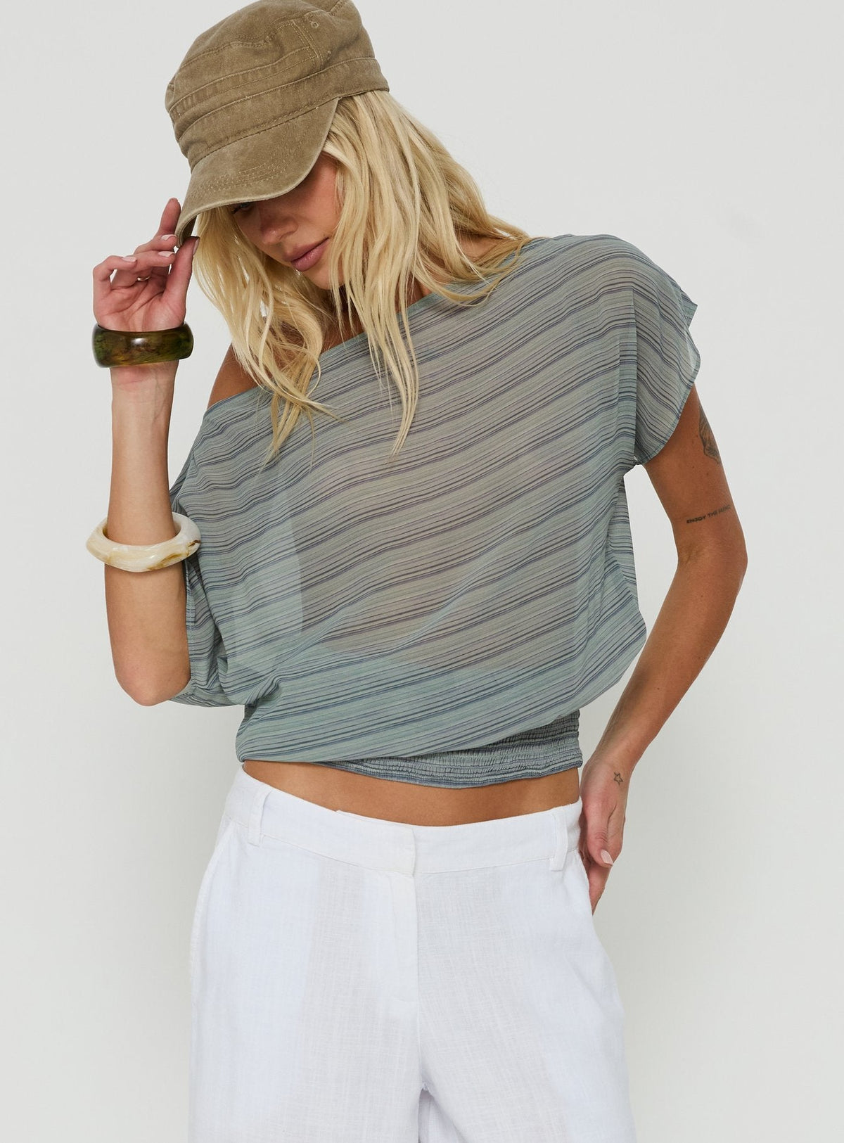 Lindenn Off Shoulder Sheer Top Grey Stripe
