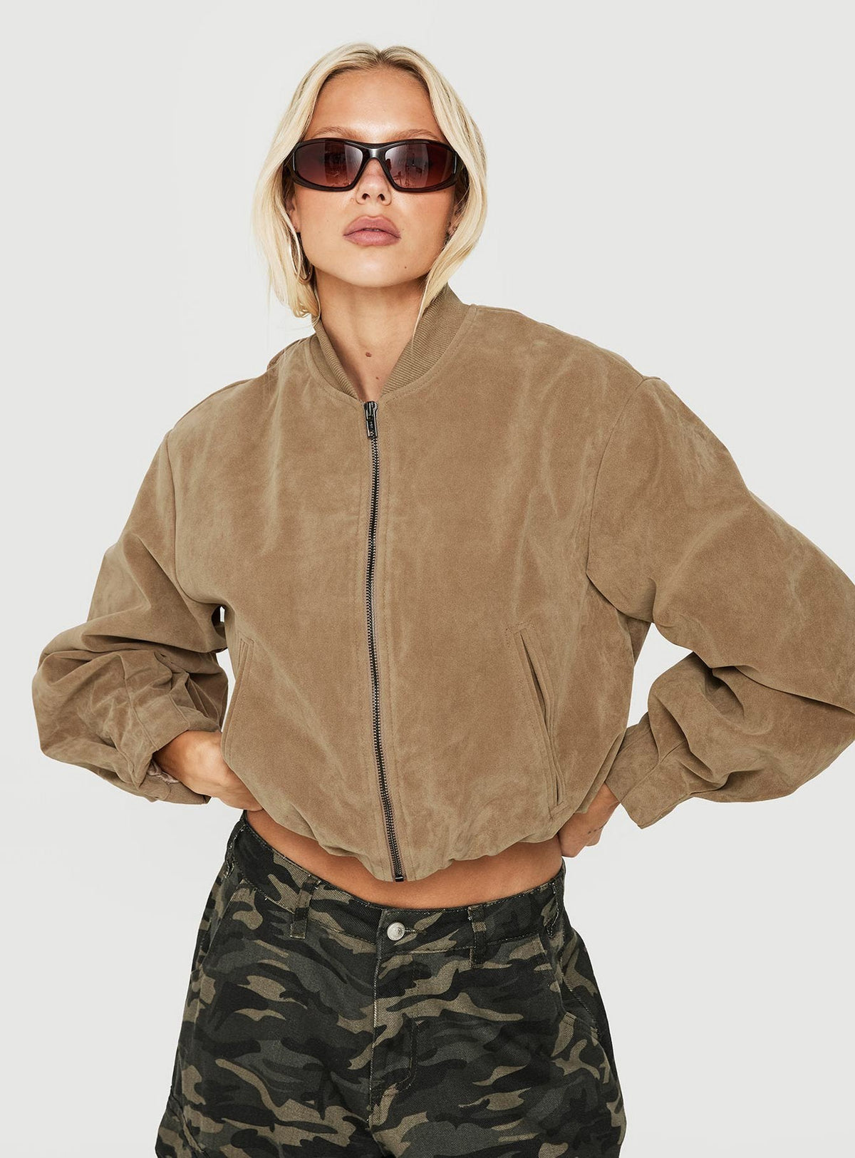 Mastery Faux Suede Bomber Jacket Taupe