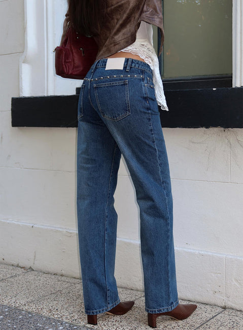 back view of model wearing Princess Polly So Dazzling Studded Low Rise Straight Leg Jeans Dark Wash Low Rise Jeans Jeans 