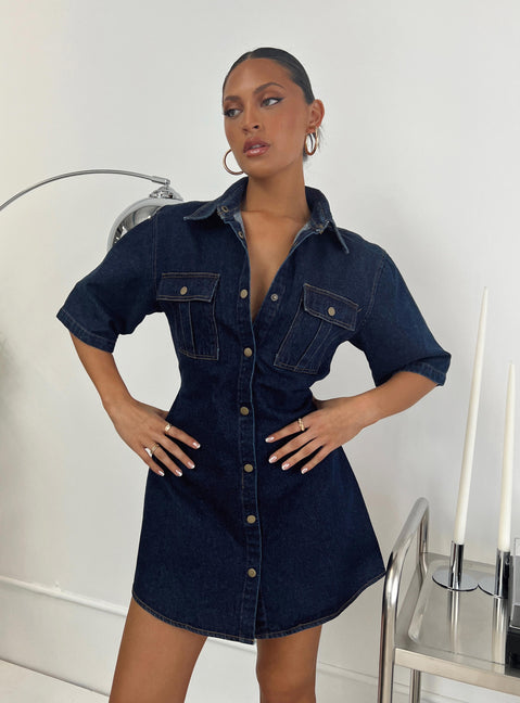 product Princess Polly V-Neck  Davro Mini Dress Dark Wash Denim