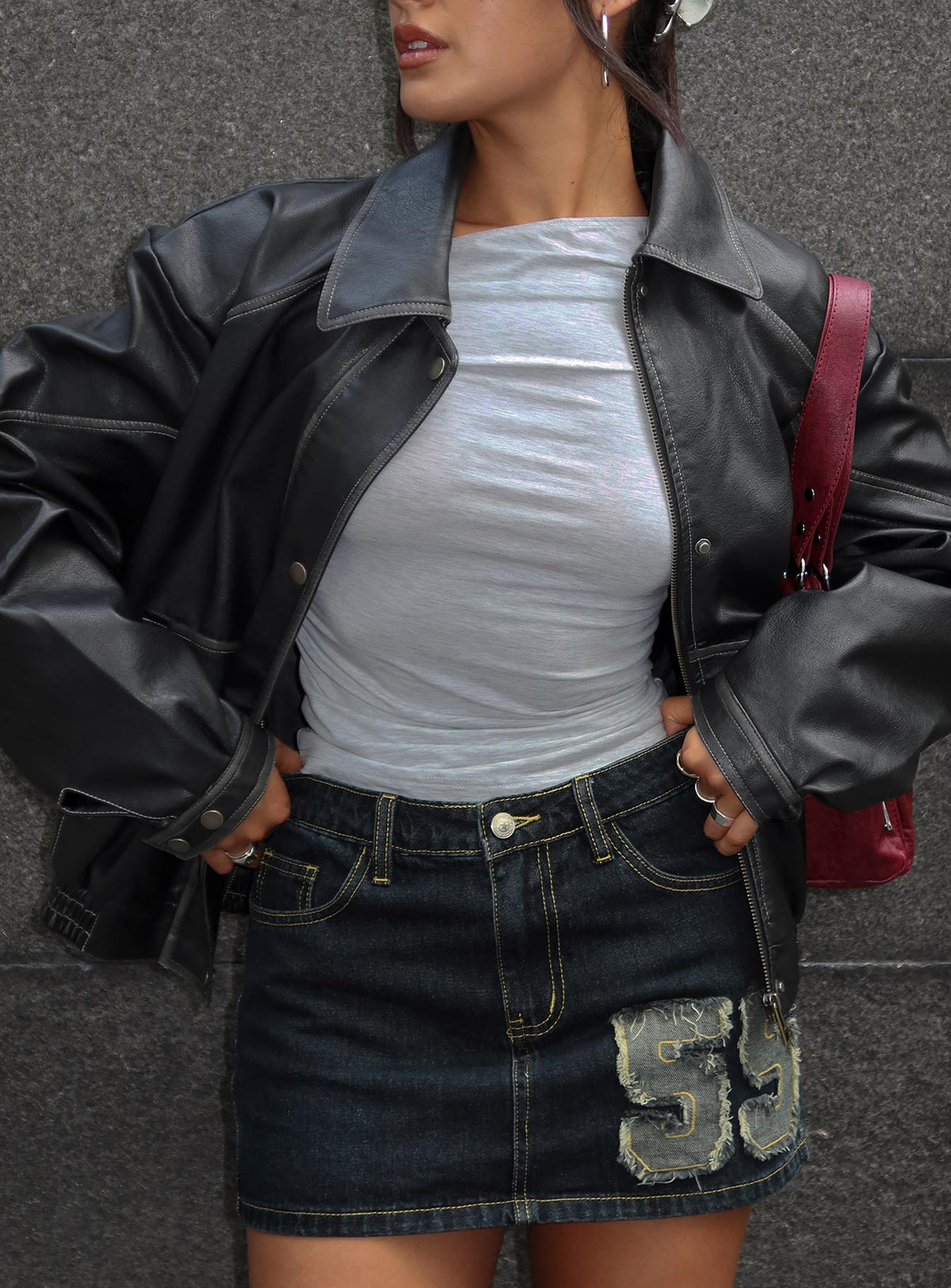   front view of model wearing Princess Polly Standout Patch Detail Denim Skort Blue Mini Skirts Skirts 