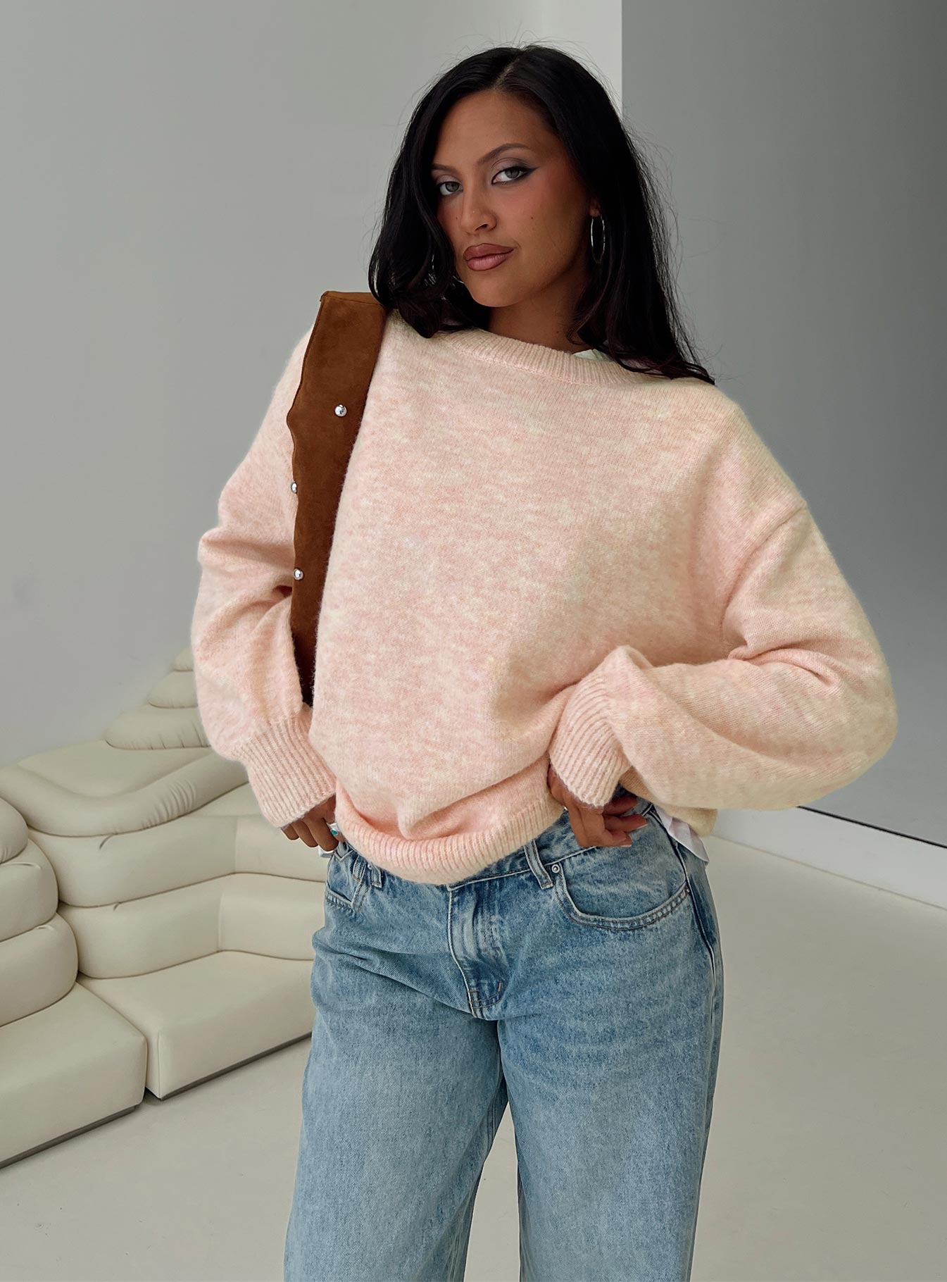 front view of model wearing Princess Polly Ryanna Sweater Pink 