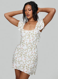 front view of model wearing Princess Polly Whitechapel Mini Dress Multi Square Neck 