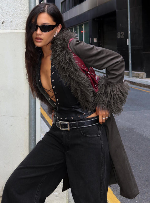 Carry The Feeling Faux Fur Trim Jacket Brown