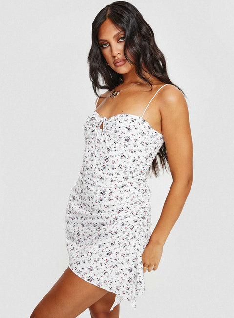Floral mini dress Elasticated shoulder straps, sweetheart neckline, tie fastening at bust, invisible zip fastening at side, adjustable ruching at side