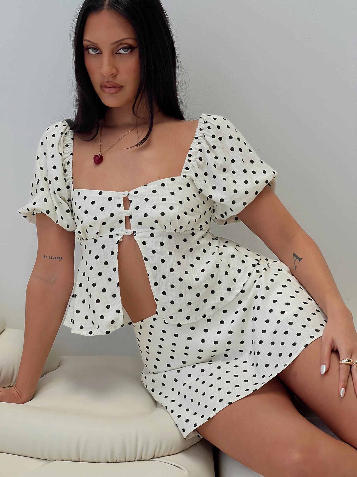 front view of model wearing Princess Polly Adios Linen Blend Skort Cream/Black High Waisted Shorts 