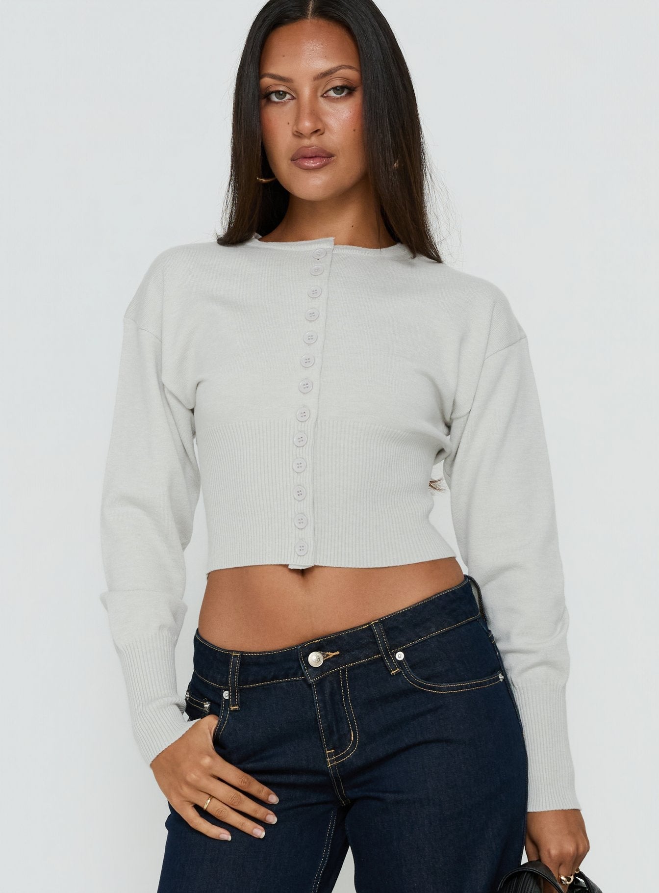 Showcasing the Emerina Cinched Button Down Cardigan Grey womens jumpers in short length front view of model wearing Princess Polly