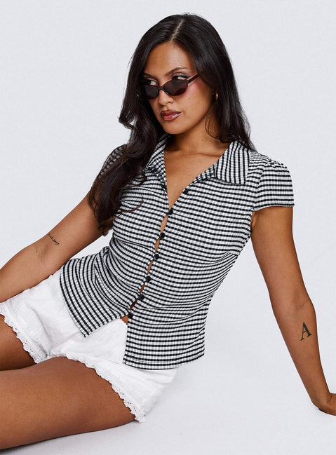 Delighted Cap Sleeve Button Up Top Black / White