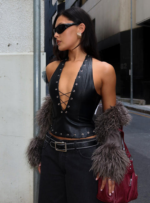 Captivated Faux Leather Halter Top Black