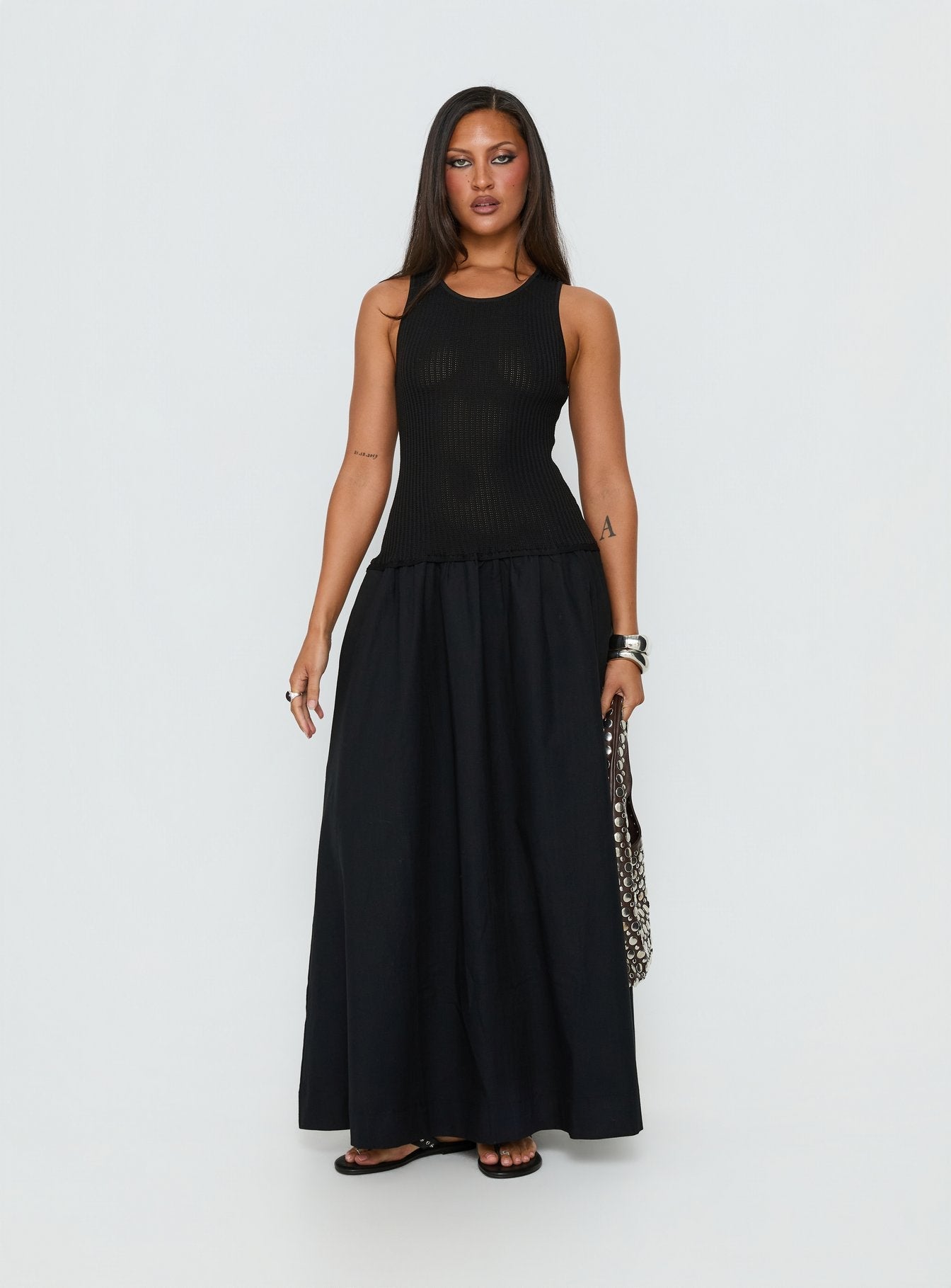 Carlene Shirred Drop Waist Maxi Dress Black | Princess Polly