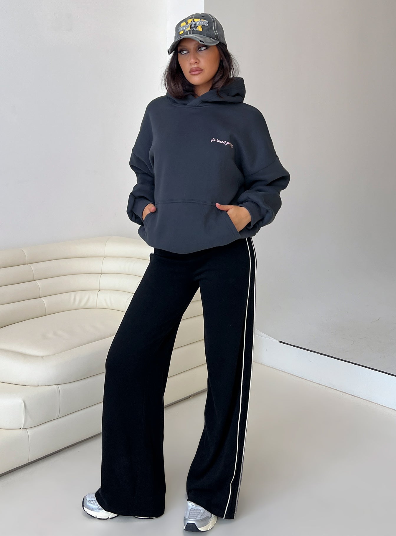 front view of model wearing Princess Polly Ascenda Straight Leg Track Pant Black High Waisted Pants 