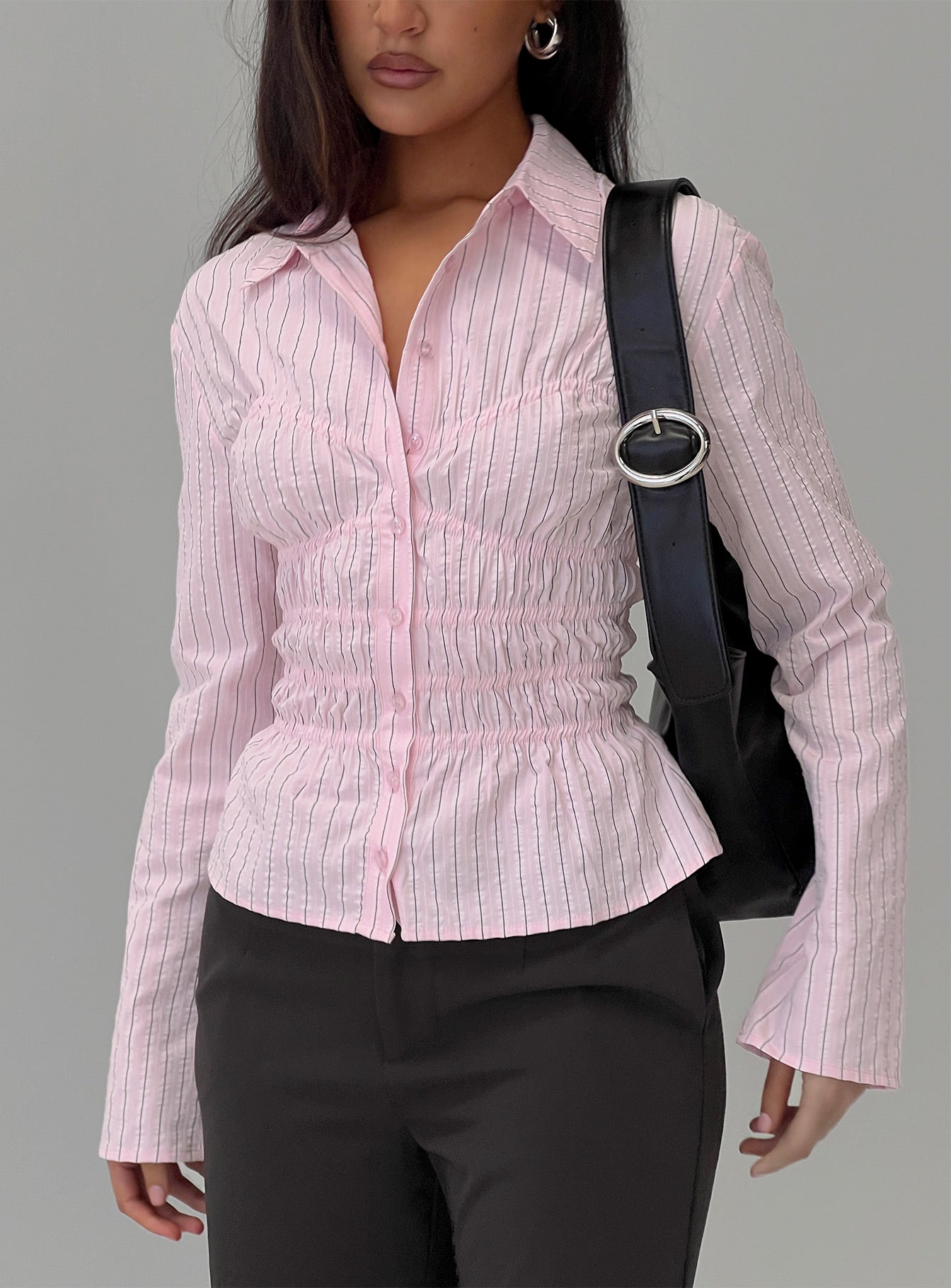 Liesel Shirred Long Sleeve Top Pink Stripe
