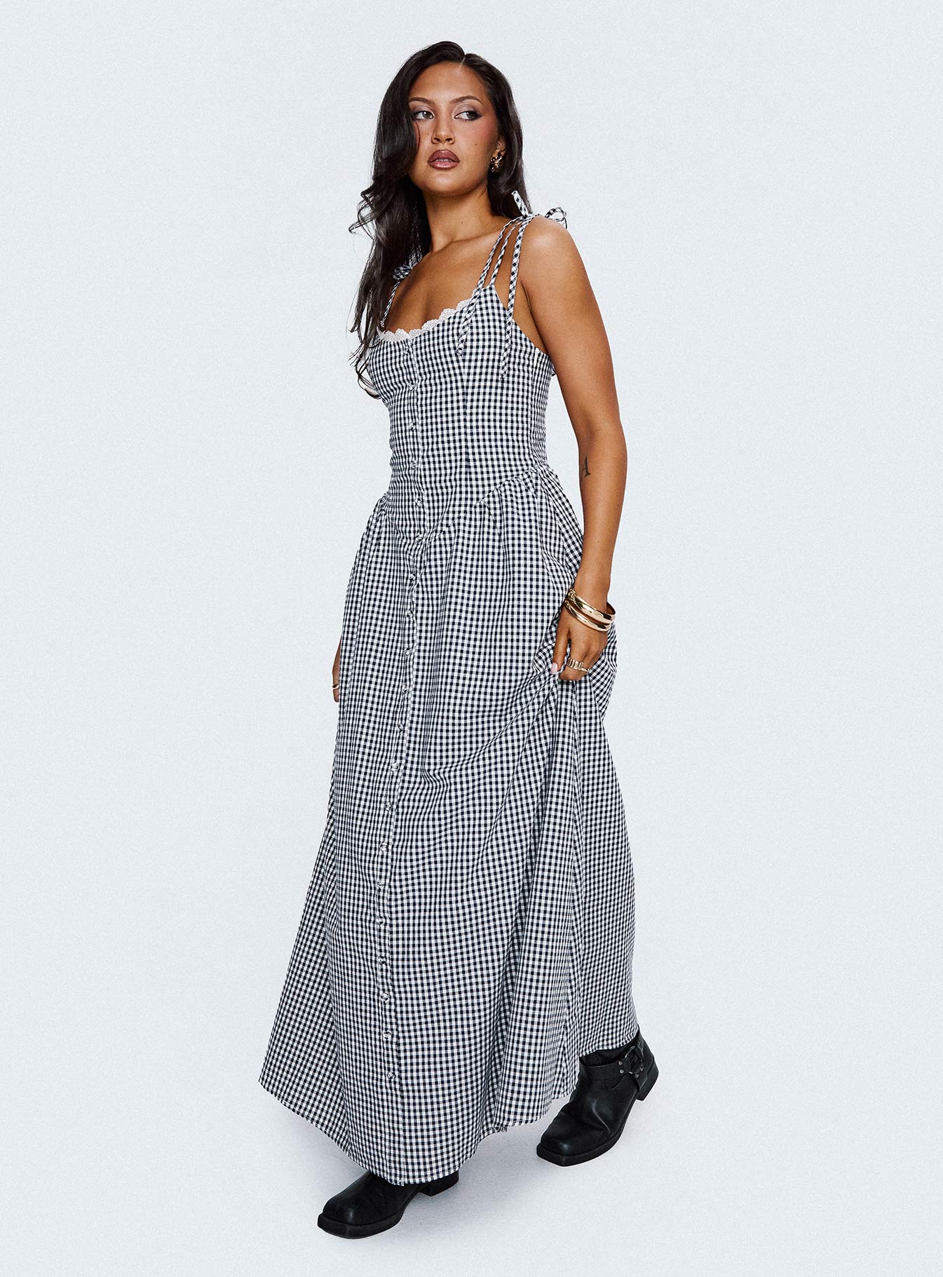 Dalanie Tie Strap Maxi Dress Navy Gingham | Princess Polly
