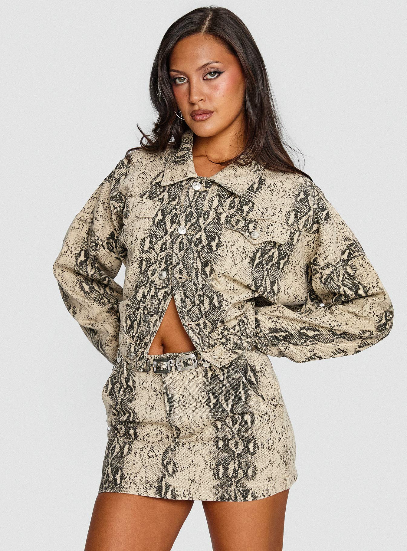   front view of model wearing Princess Polly Venom Mini Skirt Snake Mini Skirts 