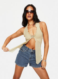 Denim shorts High rise fit, silver studded detailed, classic five pocket design, belt loops at waist, zip and button fastening, branded patch at back