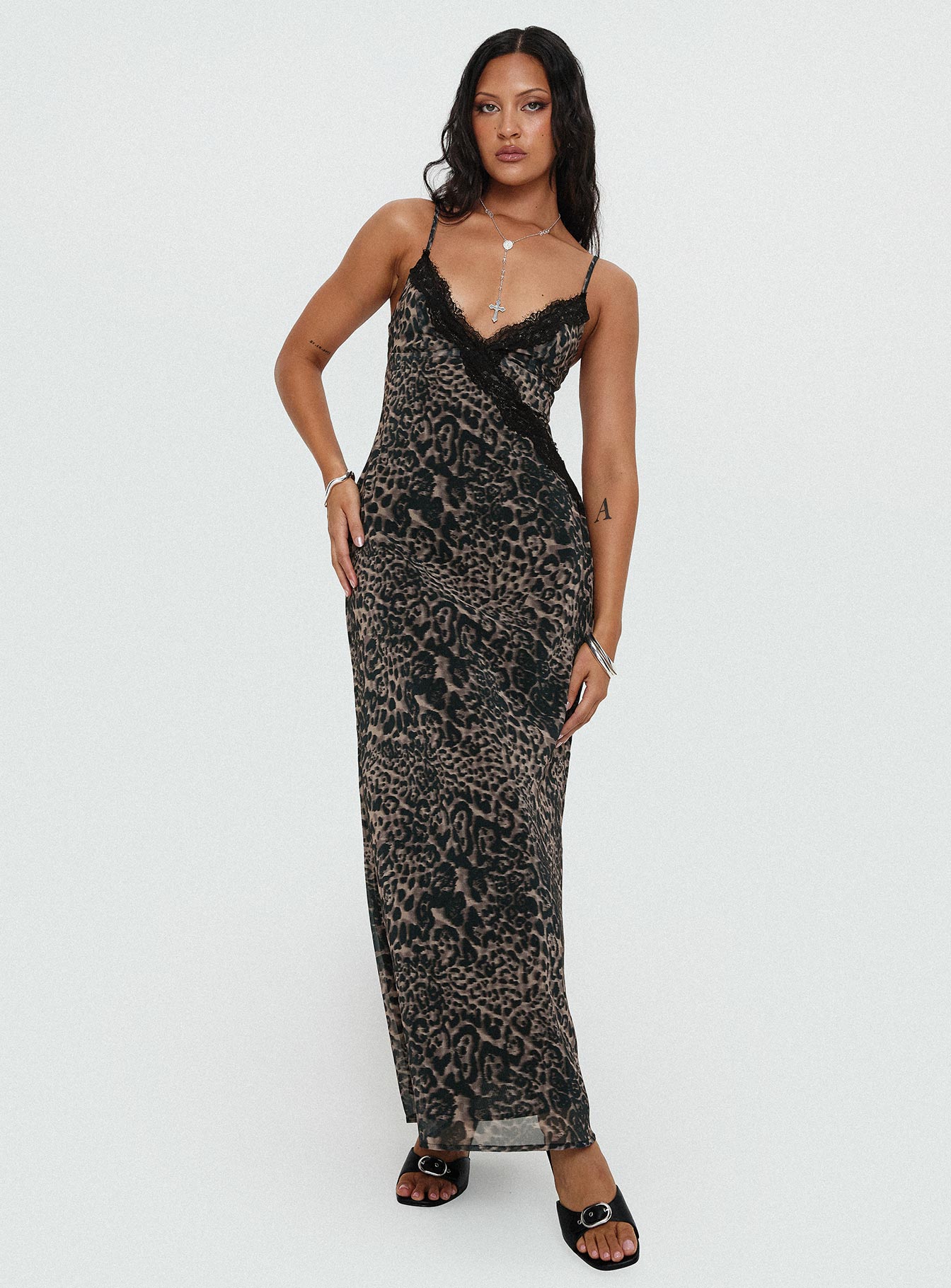 front view of model wearing Princess Polly Rosalba Maxi Dress Leopard Plunger 