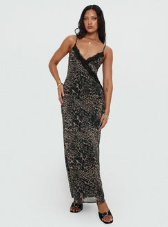 front view of model wearing Princess Polly Rosalba Maxi Dress Leopard Plunger 