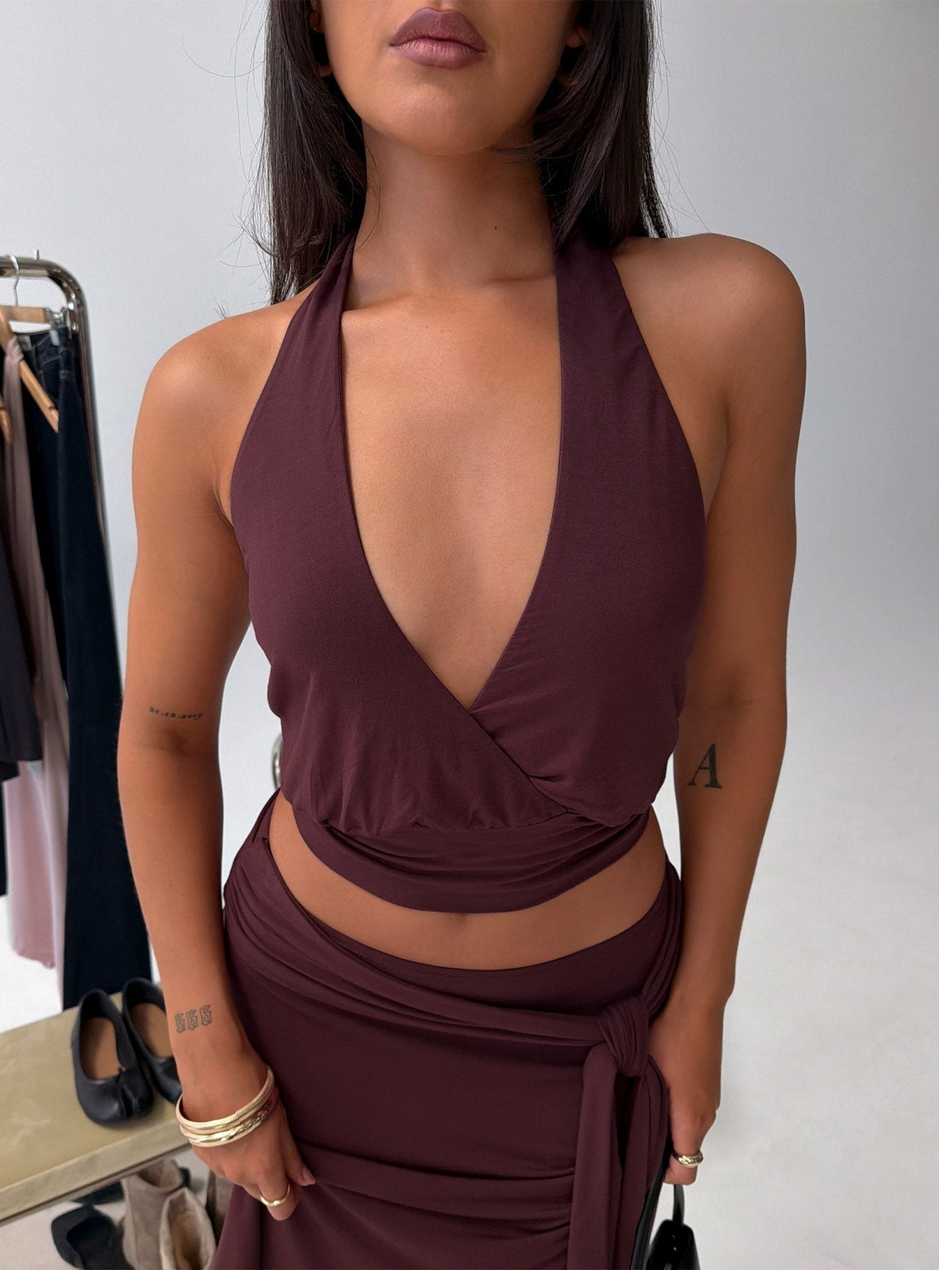 Arabele Halter Wrap Top Plum Noir