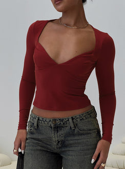 front view of model wearing Princess Polly Tonya Long Sleeve Top Red Full Sleeves Sweetheart 