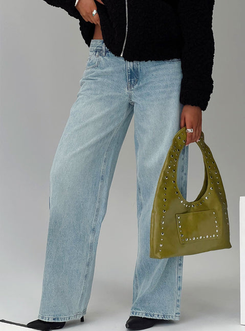 back view of model wearing Princess Polly Edge Of Town Mid Rise Straight Leg Jeans Vintage Blue Mid Rise Jeans Jeans 